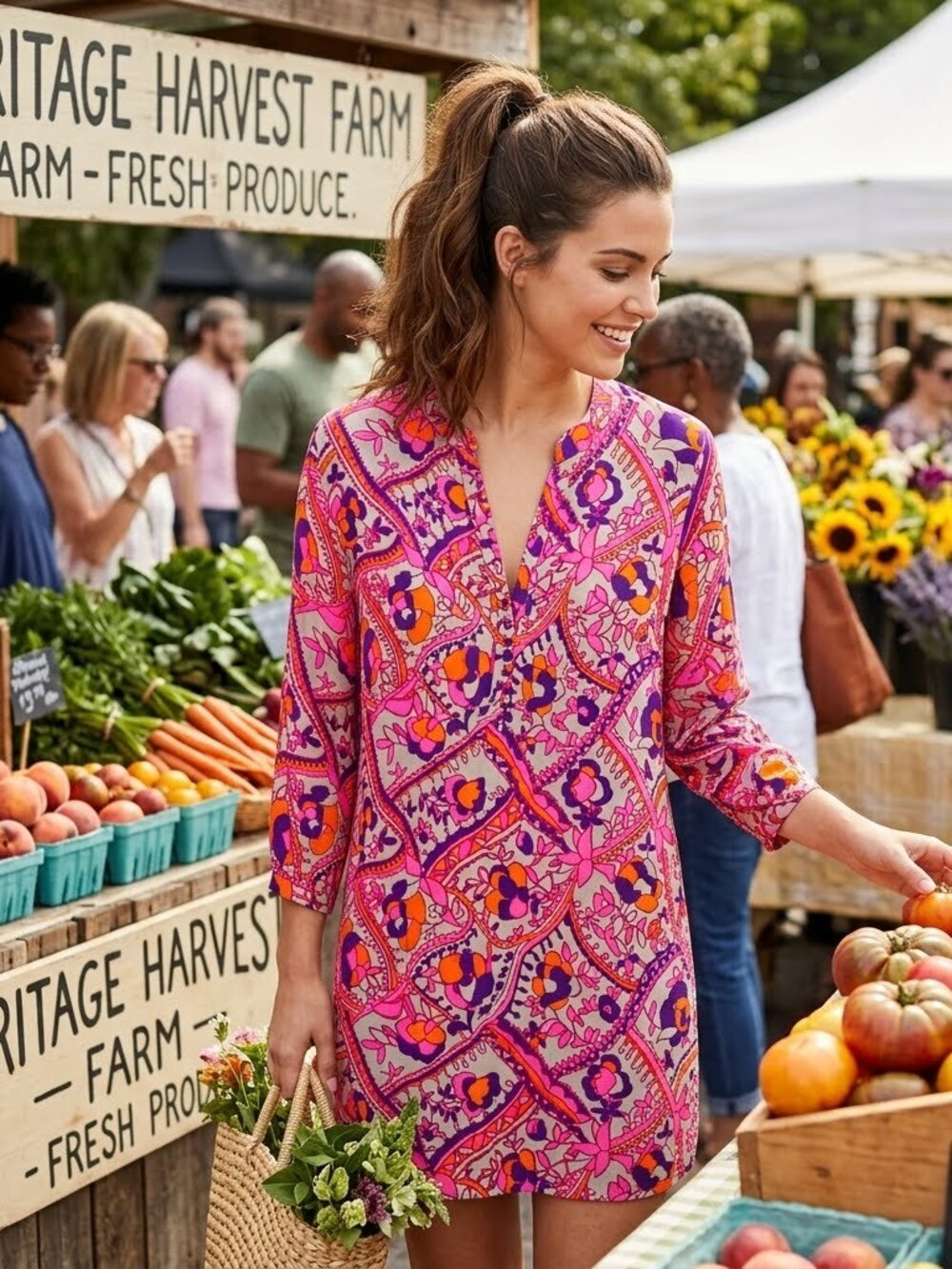 Fossil Riley Multicolor Floral Long Sleeve Boho Henley Tunic Dress 3601